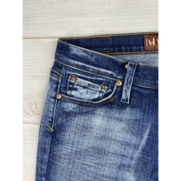 Vtg Hint Jeans Womens 9 Blue Flare Bootcut Low Rise Distressed Pockets Y2K - Picture 2 of 11